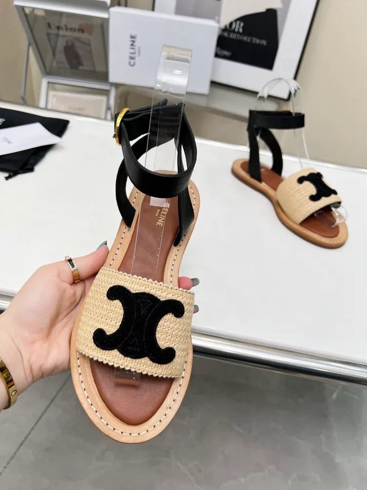 CELINE 賽琳24新款凱旋門logo拉菲草編織平底休閒羅馬涼鞋生膠真皮底35-41出廠p600
