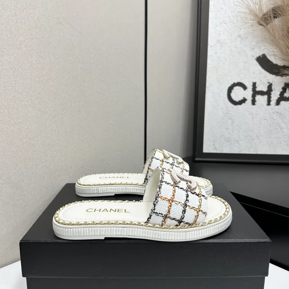 26Ss春夏新款Chanel香奈兒格紋編織麥穗扣一字涼拖鞋