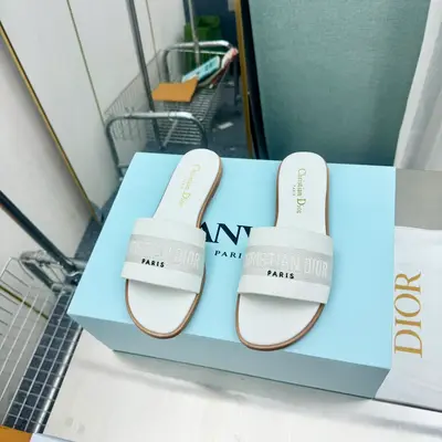 P620💰 高跟+380💰                                                              Dior 2024 春夏新款女鞋 CD字母刺繡logo平底拼色一字拖鞋 市面頂級版本 