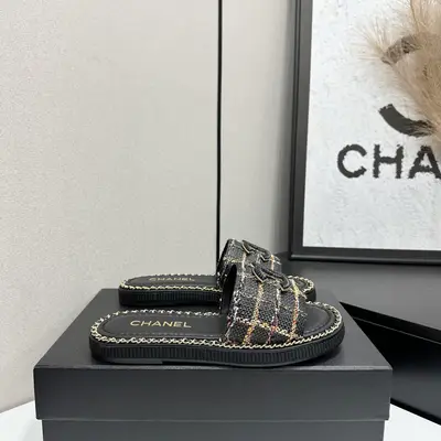 26Ss春夏新款Chanel香奈兒格紋編織麥穗扣一字涼拖鞋