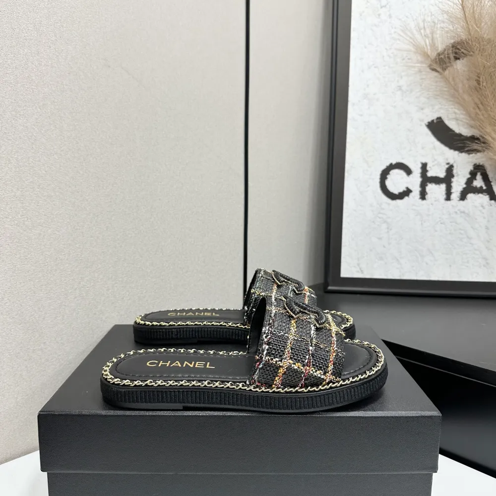 26Ss春夏新款Chanel香奈兒格紋編織麥穗扣一字涼拖鞋