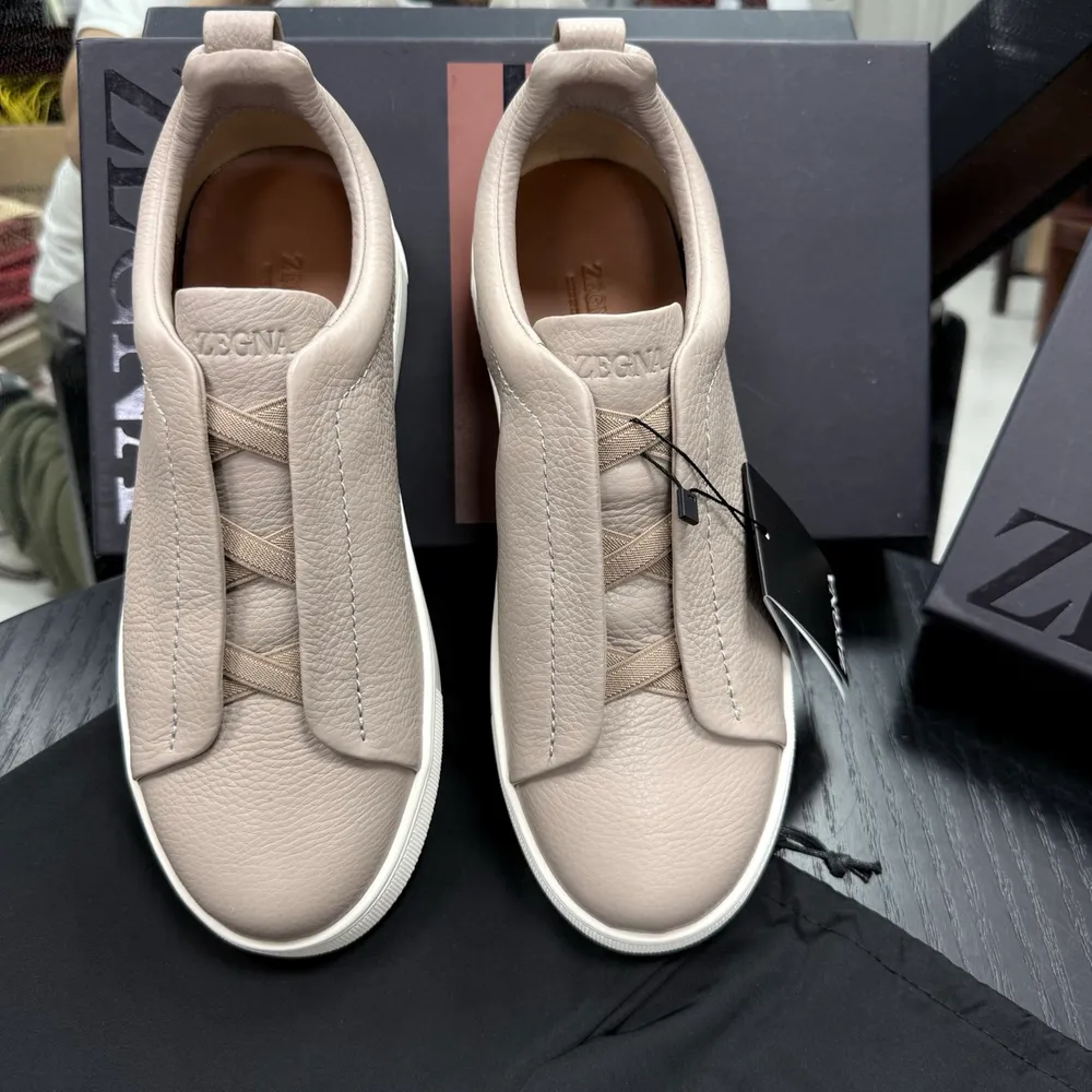 Zegna/傑尼亞 SECONDSKIN Triple Stitch™ 休閒運動鞋,灰色荔紋進口小牛皮官網同步