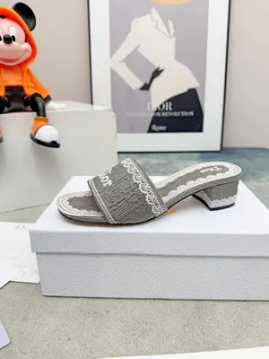 Dior 2026春夏系列中跟拖鞋，精緻優雅。鞋面5D設計，Dior標誌超有辨識度，日常或度假都能輕鬆駕馭。Oblique壓紋是Dior經典元素，搭配蕾絲刺繡，法式浪漫氛圍感拉滿！鞋底輕便，長時間穿也不累，實用又時髦，是春夏必入單品～